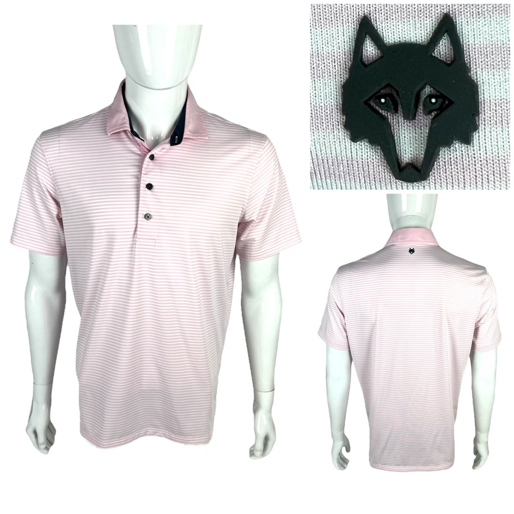 Greyson Mens Medium Polo Shirt Golf Pink Short Sleeve Striped Pattern Wolf EUC